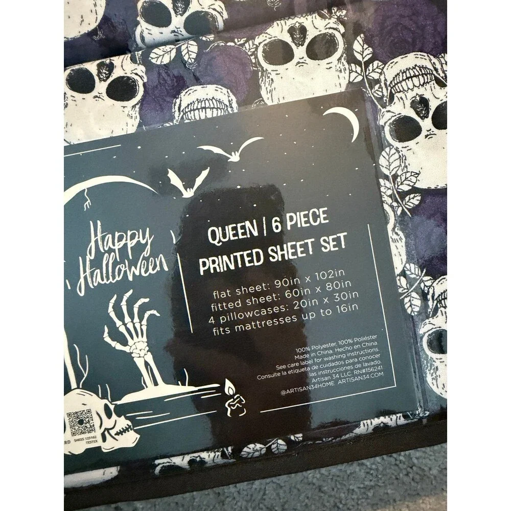 NEW Halloween Goth Style Queen 6pc Sheet Set Skulls Purple Roses Sheets